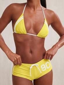 NYA SZN Swim Two Pieces String Bikini Short Cheeky Set Sporty Striped Beach Vacation Red Swimwear Outfits For Women - Yellow - View 6