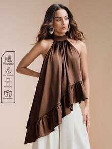 Arave 女士宽松立领无袖不对称荷叶边下摆休闲通勤上衣 - 咖啡棕 - 查看 3