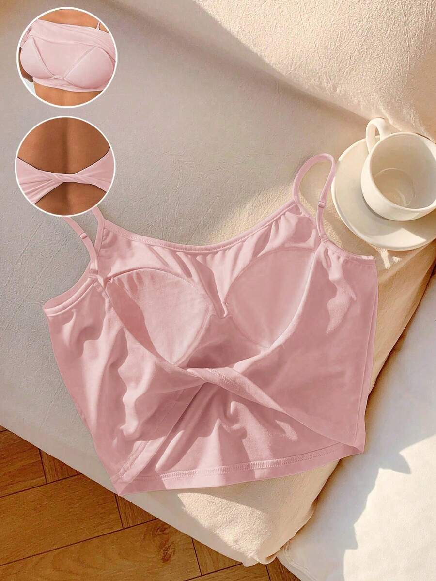 Comfortcana Áo tank top nữ cỡ lớn màu trắng có đệm mút, thiết kế xoắn phía sau, thích hợp cho mùa xuân/hè. - Màu Hồng baby - Xem 1