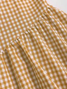 Sweetra 女士时尚甜美格子无袖船领性感露背撞色蝴蝶结腰带A字休闲连衣裙，适合春夏穿着 - 黃色 - 查看 4