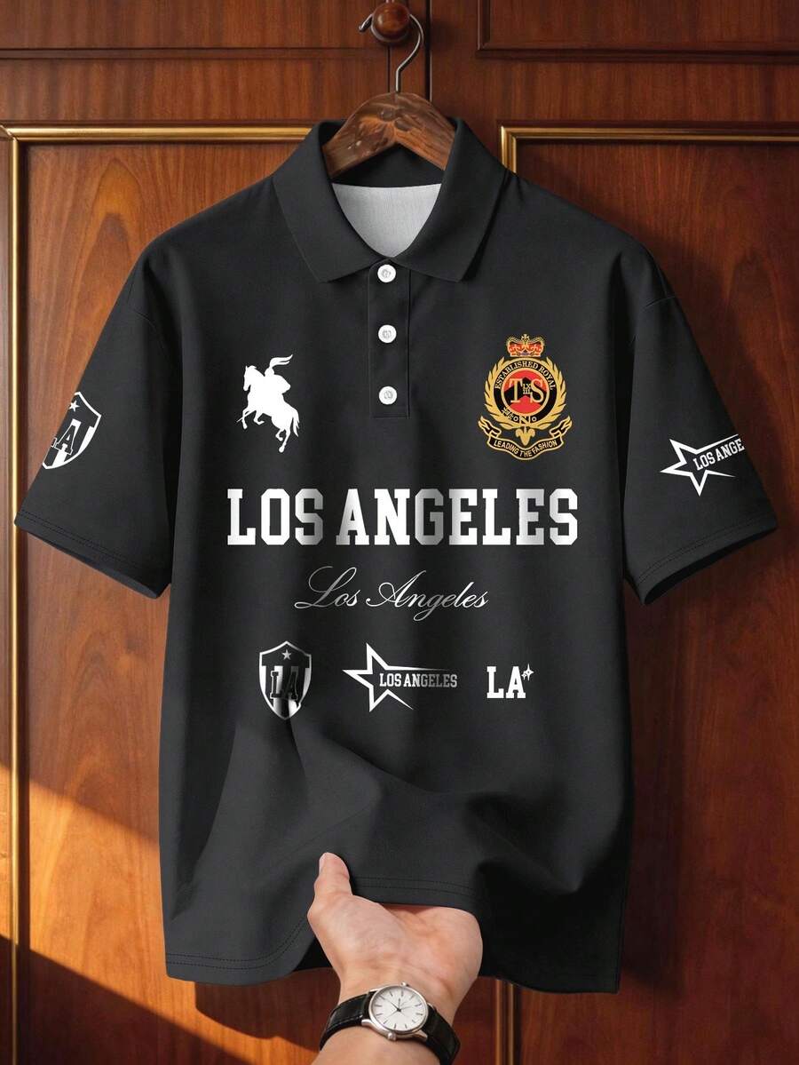 Aesthetic Post 美国街头风洛杉矶字母马匹标志男士宽松翻领短袖T恤 男士短袖Polo衫