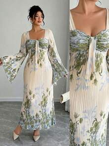 Elenzga Váy xòe tay loe xếp ly thắt nút, in họa tiết, thắt eo, đa năng cho các buổi đi chơi, đêm hẹn hò, tiệc theo chủ đề, lễ kỷ niệm - Nhiều màu - Xem 1