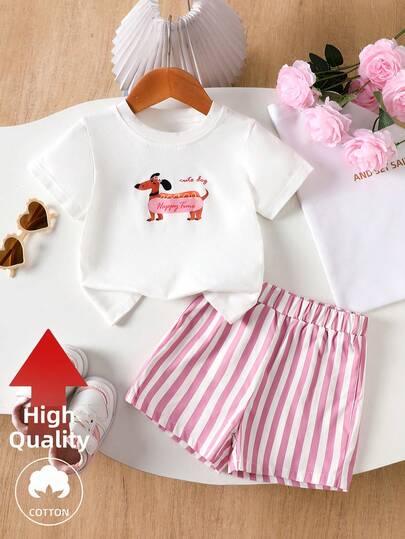 SHEIN 2件套女婴幼儿/新生儿0-3岁休闲日常腊肠犬图案圆领T恤+粉色条纹短裤套装，春夏款