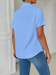 Airaco 女士休闲长袖领口袋修身衬衫白色 - 藍色 - 查看 2