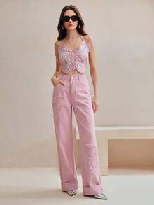 Anewsta Fashionable Embroidered Straight-Leg Jeans For Women - Pink - View 4