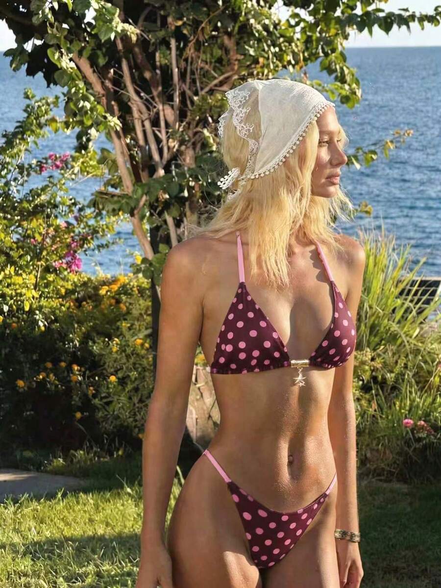 Swim Mod 2件套女士夏季沙滩度假泳衣，可爱随机印花三角系带上衣和比基尼泳裤套装 - 彩色 - 查看 1