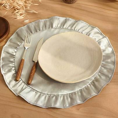 1 Piece, Plain Copper Ammonia Silk, Bright Color, Solid Color, White Ruffle Edge Placemat, Stain-Resistant, Beautiful Dress, Restaurant Dress Up Table, Suitable For Family Dinner, Daily Use, Banquet Use, Wedding Use, Festival, Party Dress, Champagne Color