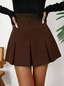 Falda mini plisada con pliegues de un solo color, de uso casual y versátil - Café integral - Ver 5