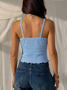 SHEIN EZwear 女士纯色褶皱休闲百搭日常吊带背心，夏季上衣，女士夏季穿搭，蓝色/浅蓝色女士度假穿搭上衣，女士夏季沙滩装上衣 - 藍色 - 查看 2