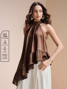 Arave 女士宽松立领无袖不对称荷叶边下摆休闲通勤上衣 - 咖啡棕 - 查看 6