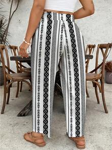 SHEIN VCAY Pantalones sueltos con cintura anudada y estampado geométrico para mujer de talla grande - Blanco y Negro - Ver 2