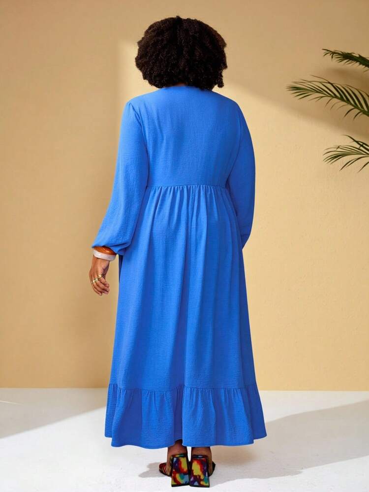 Plus Size Women's Summer  Casual Vacation V-Neck Long Lantern Sleeve Loose Dress, Casual & Vacation Style, Early Spring,Spring Break Outfits ,Vacation Outfits Women ,Holiday Outfits For Women,Spring Dress Women,Going Out Outfits,2026 New Clothes,Simple And Fashionable For Everyday Wear, Plus Size Blue Dress, Plus Size Boho Dress, Casual Dresses Plus Size, Viscose Dress Plus Size, Plus Size Vacation Dress