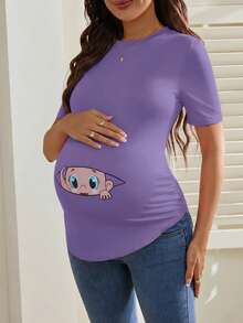 SHEIN Pregnant Women Cartoon Print Round Neck Casual Daily Short Sleeve T-Shirt Maternity T-Shirt Maternity Shirts For Women Pregnant T-Shirt Graphic Baby Tee For Pregnant Outfit - Mauve Purple - View 5