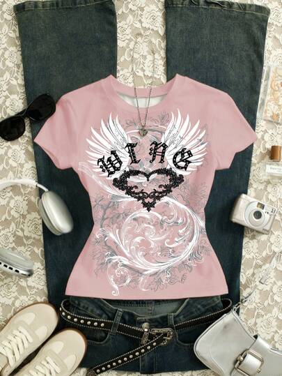 Glimmora 女士字母和翅膀印花圆领短袖休闲T恤