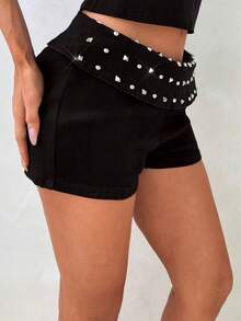 Aloruh Women's Summer Street Rivet Decor Folding Waist Denim Shorts - Black - View 12