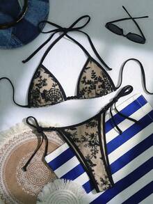 SHEIN Swim SXY Bộ bikini 2 mảnh gồm áo cổ yếm ren thêu sequin gợi cảm và quần lọt khe, đính ngọc trai chuyển màu, tạo nên vẻ ngoài táo bạo và phá cách cho các bữa tiệc bãi biển dành cho nữ. - màu đen - Xem 2
