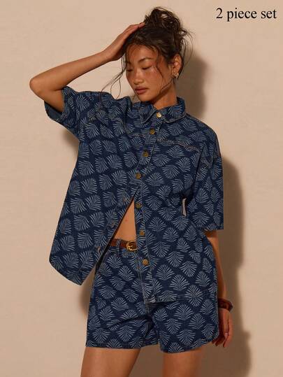 COSMINA Women's Denim Set, Retro Niche Casual Chic Rhinestone Embellished Short Sleeve Shirt And Shorts