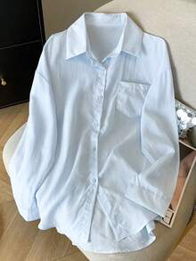 Resyla Women's Summer Casual Gentle Style Light Blue Shirt & Shorts 2 Pieces Set - Blue - View 6