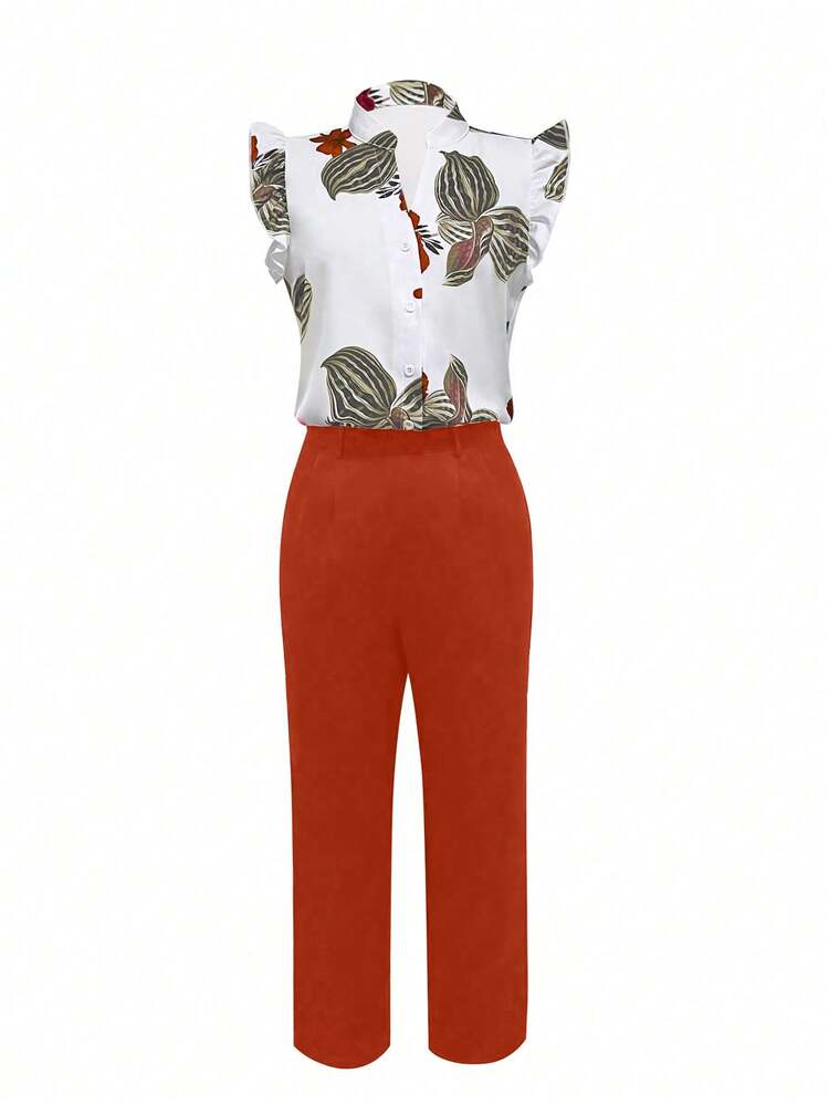 SHEIN LUNE Conjunto elegante de 2 piezas con blusa de cuello con muesca con estampado floral y pantalones de unicolor (el cinturón es decorativo) - Naranja - Añade 4