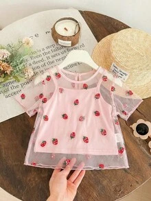 SHEIN Young Girl Mesh Embroidered Strawberry Pattern Round Neck Casual T-Shirt - Pink - View 2