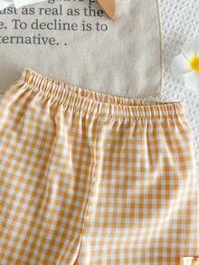 SHEIN 女婴3D花朵短袖T恤和格子短裤套装 - 黃色 - 查看 8