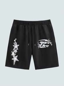 Modcrash Celana Pendek Pria, Streetwear Grafis Cetak Y2K, Potongan Longgar dengan Tali Serut, Musim Semi/Panas, Hitam, Unisex - Hitam - View 1