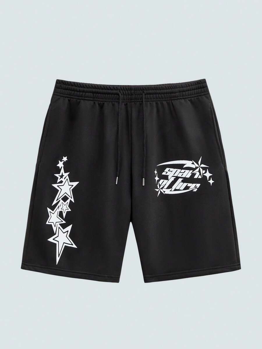 Modcrash Celana Pendek Pria, Streetwear Grafis Cetak Y2K, Potongan Longgar dengan Tali Serut, Musim Semi/Panas, Hitam, Unisex - Hitam - View 1