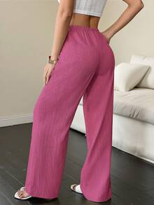 SHEIN Unity Women's Solid Color Casual Straight Loose Fit Everyday Pants Wide Leg Summer Pants Vacation Pants Woman - Watermelon Pink - View 2