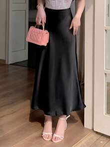 DAZY Women's Solid Color Casual Long Skirt - Black - View 4