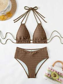 Swim Basics Bộ bikini họa tiết trơn màu dành cho nữ, kỳ nghỉ hè & bãi biển - Cà phê nâu - Xem 7