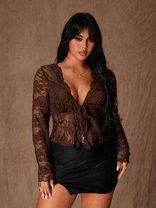 Rustia Plus Size Sexy Lace Hollow Lace-Up Waist Slim Fit Blouse - Brown - View 5