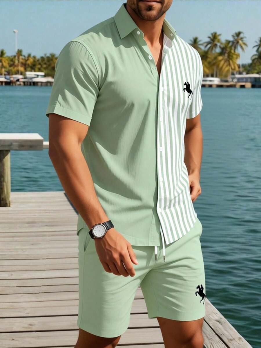 Manfinity RSRT Bộ áo sơ mi ngắn tay và quần short nam phối màu tương phản, kiểu dáng thường ngày.