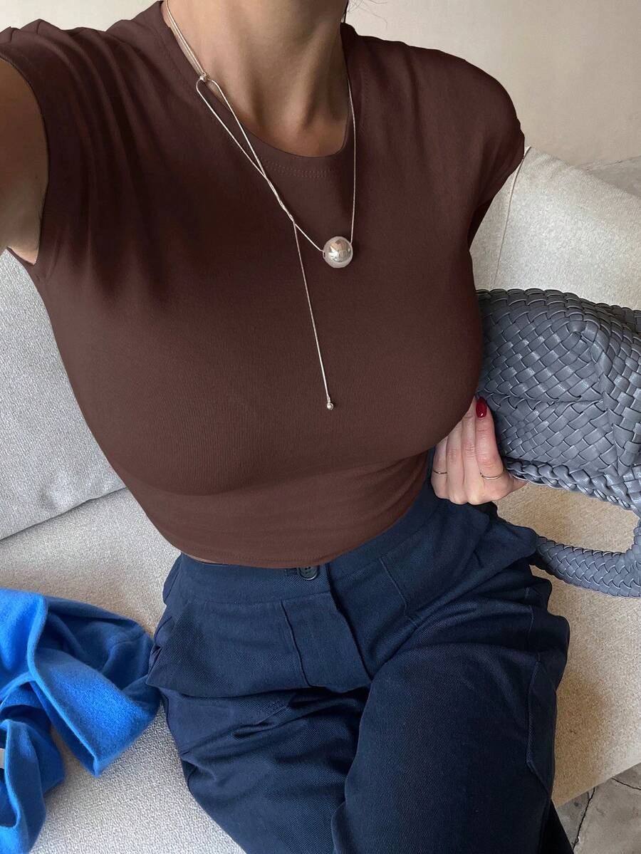 DAZY Women's Solid Color Round Neck Cap Sleeve Cropped Fitted Undershirt Summer - Chocolate Brown - View 1