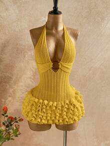 Soleia Đầm ngắn màu trắng cổ yếm cho nữ, thích hợp cho kỳ nghỉ. - Màu vàng - Xem 3