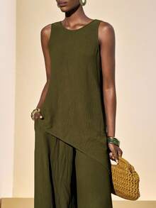 Zivah 2026春夏新款休闲通勤宽松军绿色圆领无袖侧开衩不规则下摆上衣+高腰阔腿裤两件套。适合日常出行、派对、旅行、聚会、波西米亚风、海滩、机场穿搭、早午餐、节日以及婚礼宾客着装。 - 橄欖綠 - 查看 11