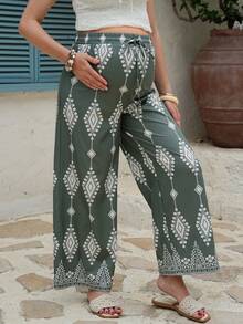 SHEIN 几何印花阔腿裤，百搭孕妇裤，夏季新品 - 軍綠色 - 查看 3