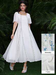 Modelyn Square Neck Chiffon Ruffle Trim Patchwork Short Sleeve Waist Cinched Midi Dress For Women - White - View 7