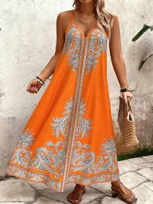 Breezaya Plus Size Women's Loose Casual Orange Floral Print Spaghetti Strap Dress,Summer Boho Vacation Holiday Bohemian Beach Beach Vacation Outfit Resort - Orange - View 6