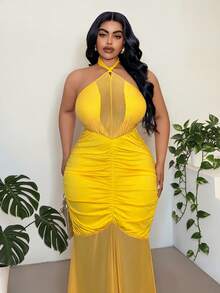Maweii Vestido elegante de talla grande con cuello de halter, drapeado de malla y cintura anudada - Amarillo - Ver 5