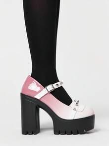 ROMWE Grunge Punk 女士性感厚底粗跟鞋，时尚纯色鞋款，适合春秋季穿着，配有搭扣带、尖头、铆钉装饰搭扣、可调节搭扣踝带，高跟玛丽珍鞋，适合假日、派对、约会等场合。 - 漸變粉 - 查看 4