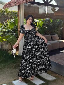 Vibekara Lässiges Kleid in Große Größen mit Ditsy-Blumenmuster und Taillenzug - Schwarz - Übersicht 6