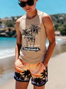 Tween Boys' Casual Minimalist Round Neck Tank Top, Classic Palm Tree Print, Suitable For Summer, Beach, Vacation - Camel - View 1