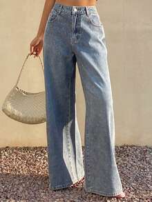 DAZY 女士宽松水钻印花牛仔裤 - 藍色 - 查看 4