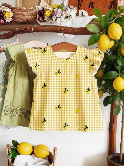 SHEIN Blusa casual de manga corta con cuello redondo y estampado de árbol de limón vintage para niña, adecuada para primavera/verano