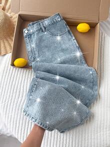 Comfortcana 大码女式休闲时尚街头风日常通勤水钻装饰宽松阔腿牛仔裤 - 淺色水洗藍 - 查看 1