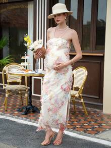 Momance Maternity Floral Print Strapless Summer Elegant Dress - Multicolor - View 6