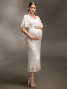 Cheriluna Maternity 孕妇写真礼服，荷叶边袖，心形领，收腰设计，鱼尾裙摆，亮片装饰长裙 - 銀色 - 查看 3