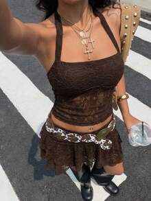 Muchica Conjunto de 2 piezas de color café con cuello de halter de encaje y atar, ajustado y de moda para el verano - Café integral - Ver 4