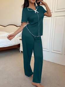 Napfluff Minimalist Casual V-Neck Front Long Back Short Design Contrast Color Stripe White Bow Decor Black Soft Thin Milk Silk Fabric Pajama Set - Dark Green - View 4