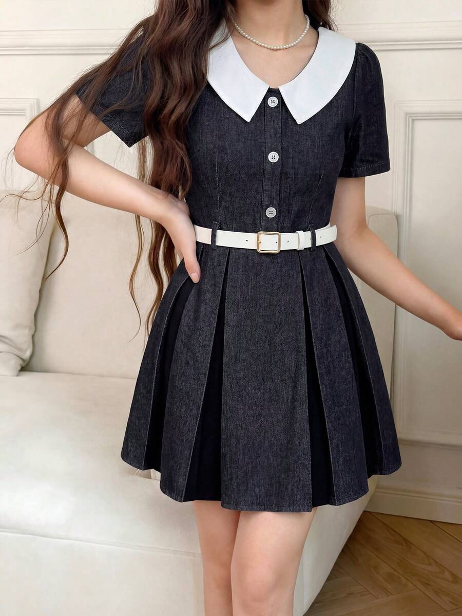 Teen Girl Denim Snug Fit Dress,Dark Blue,Autumn,Cute,Graduation,Back-To-School Washed Pleated Hem Design With Belt Contrast Color Shirt Collar Dress - Blue - View 1